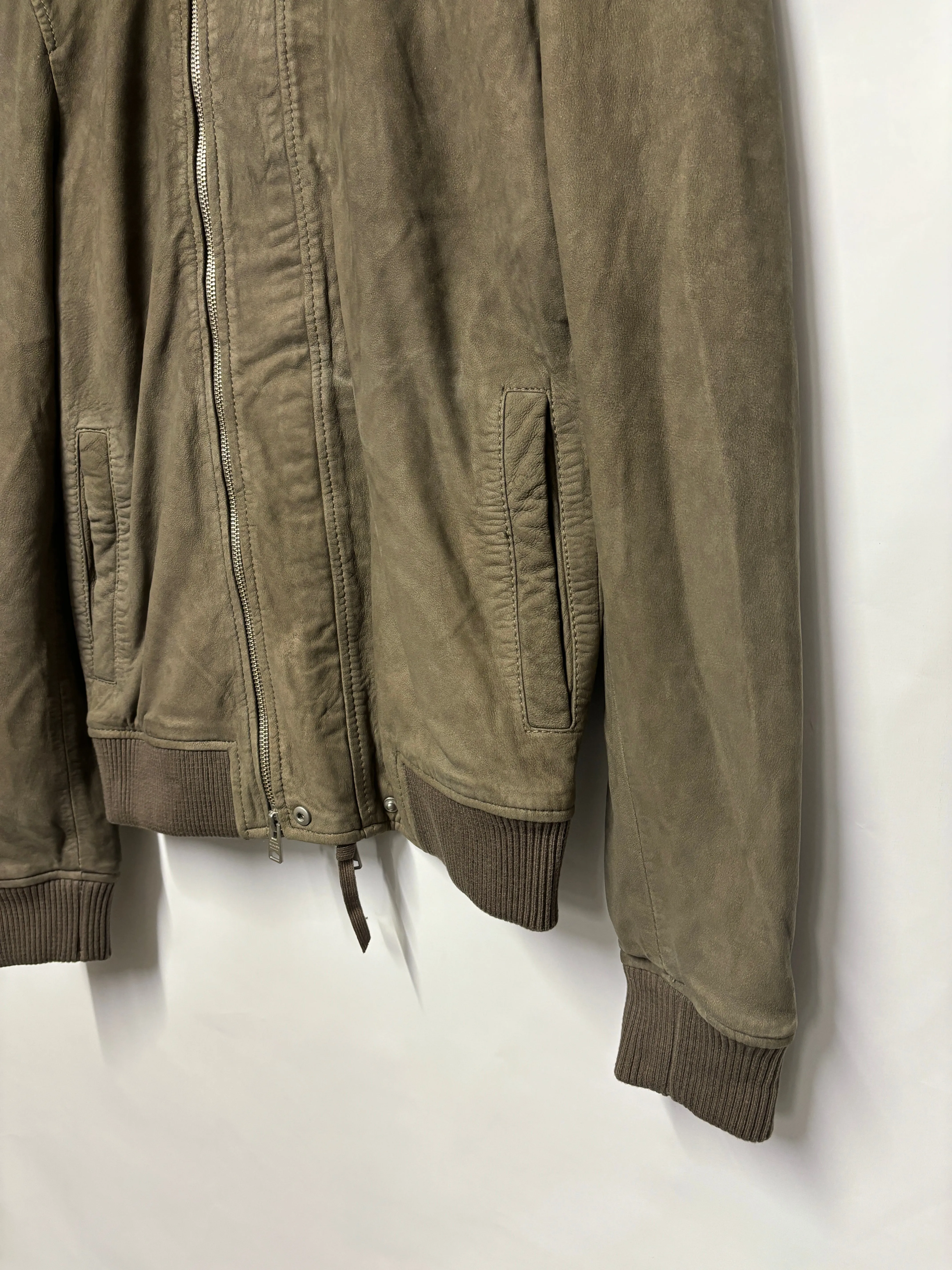AllSaints Grey Taupe Suede Double Zip Bomber Jacket XS