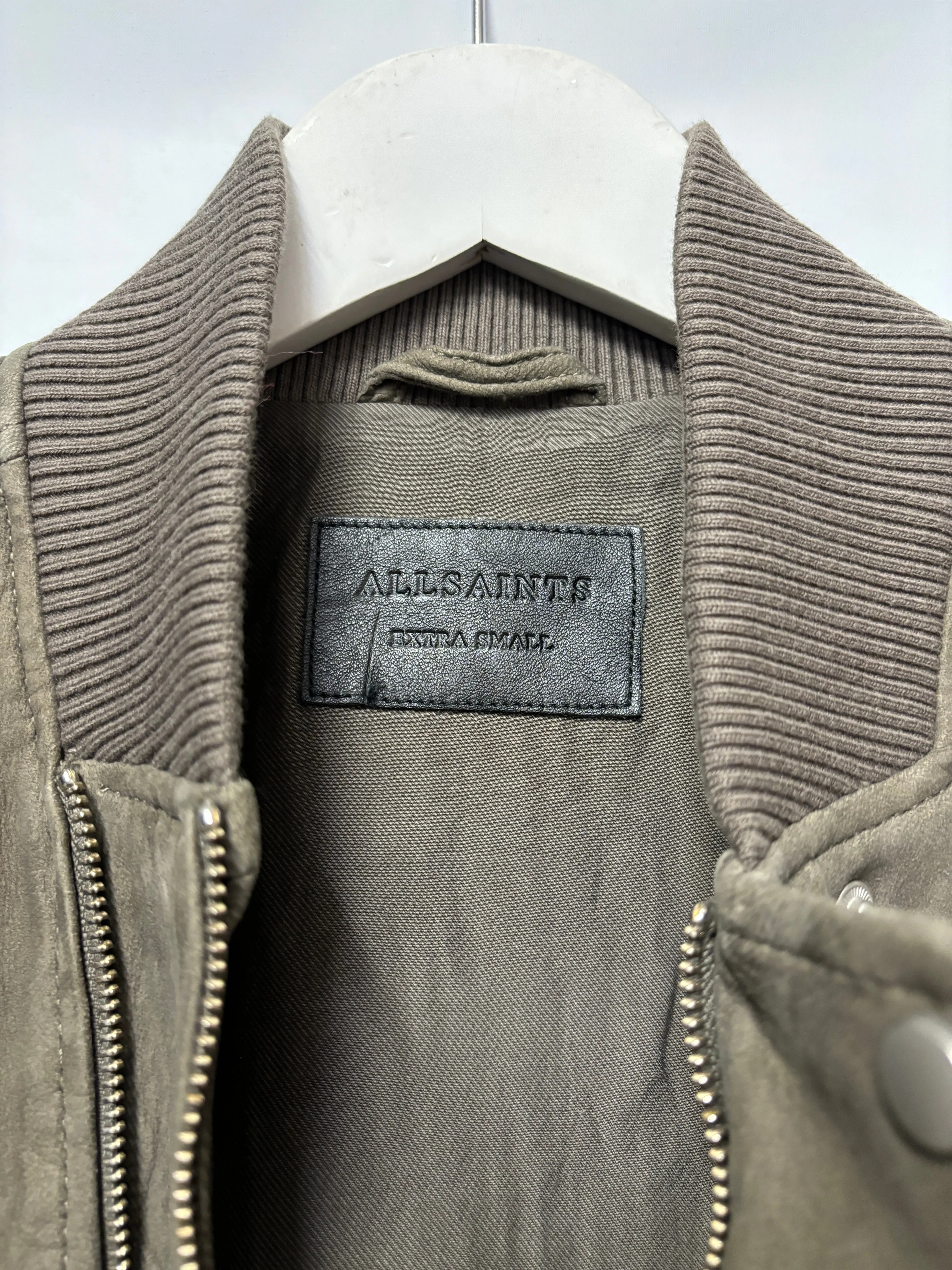 AllSaints Grey Taupe Suede Double Zip Bomber Jacket XS
