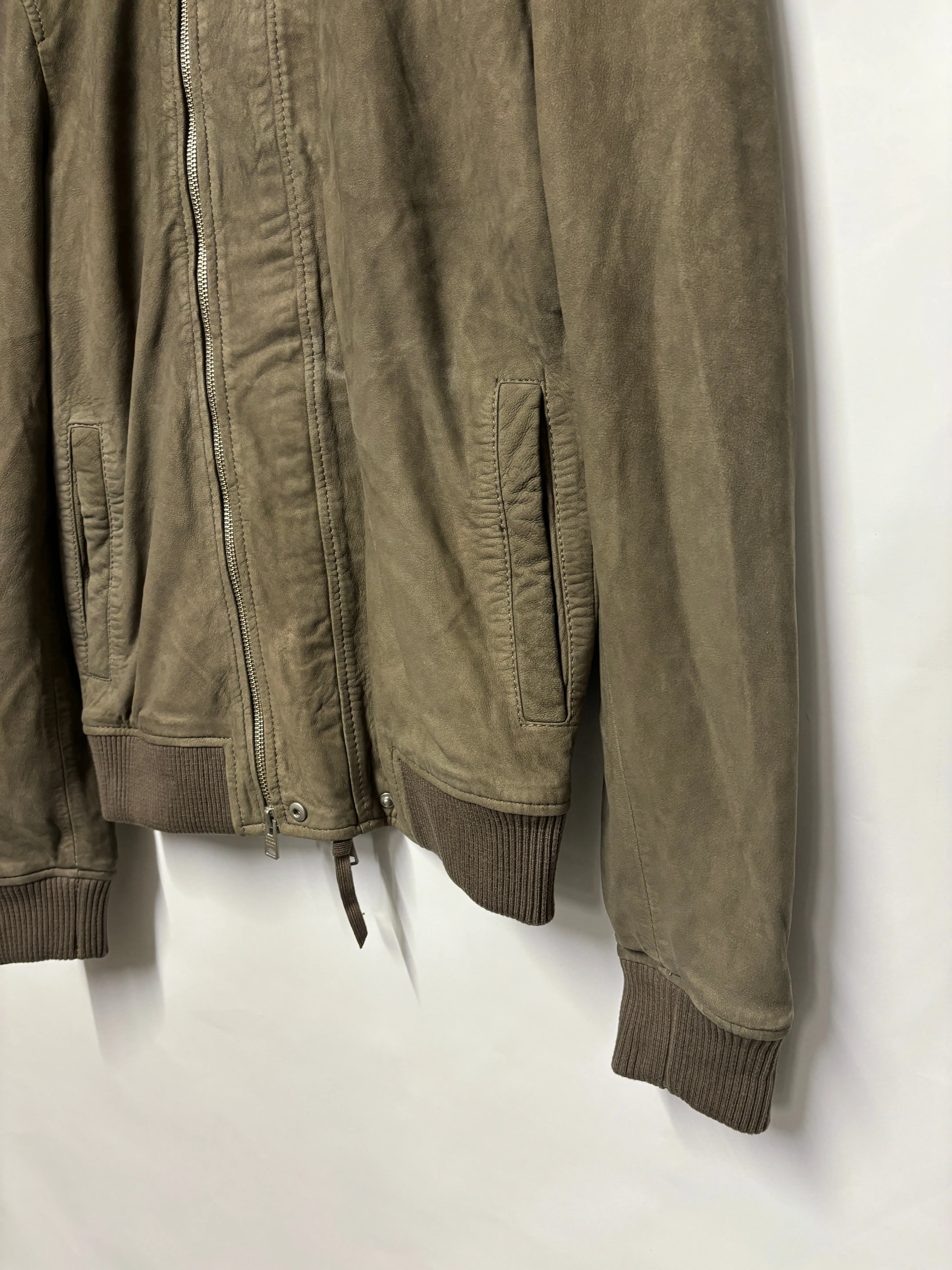 AllSaints Grey Taupe Suede Double Zip Bomber Jacket XS