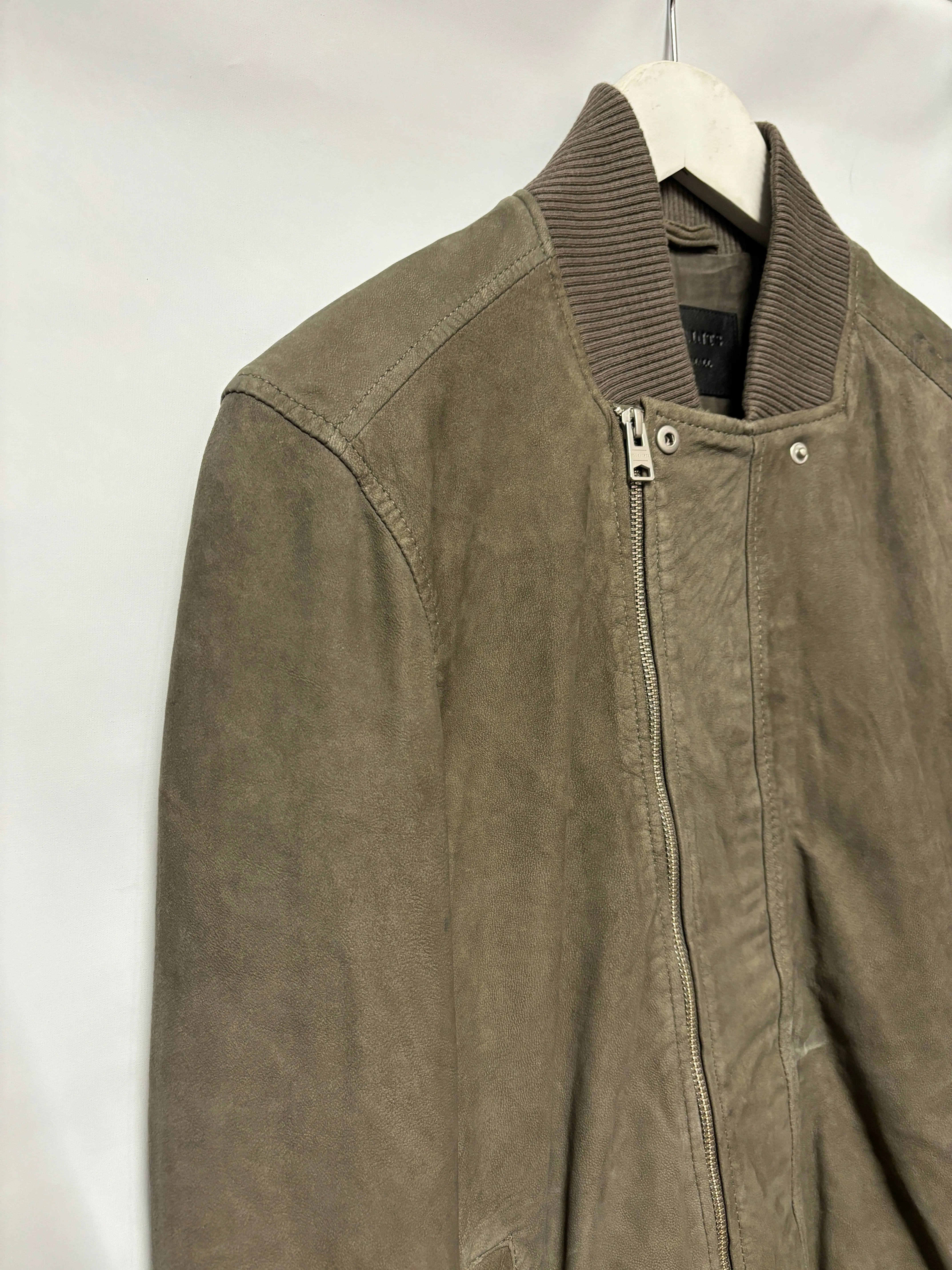 AllSaints Grey Taupe Suede Double Zip Bomber Jacket XS
