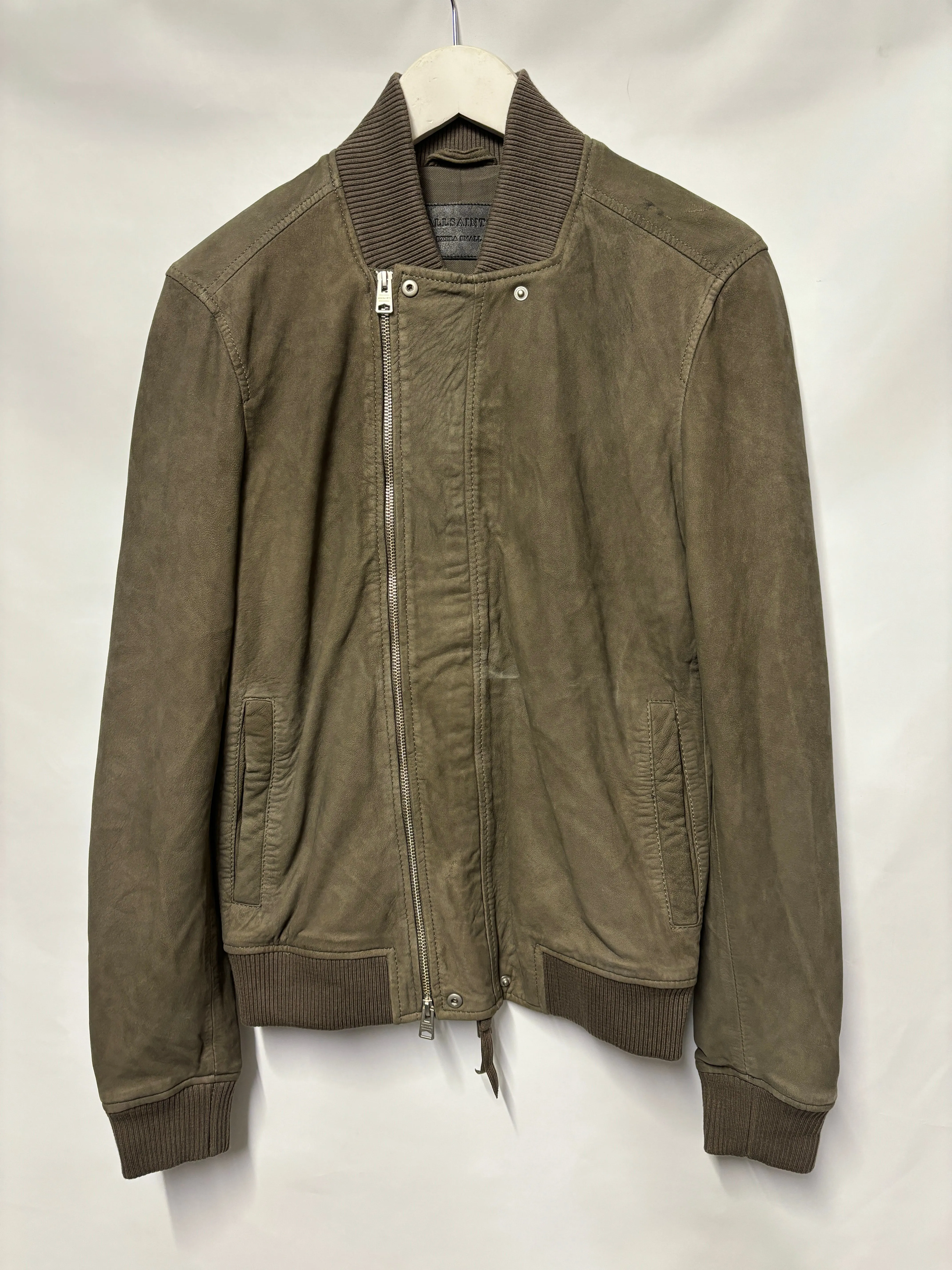 AllSaints Grey Taupe Suede Double Zip Bomber Jacket XS