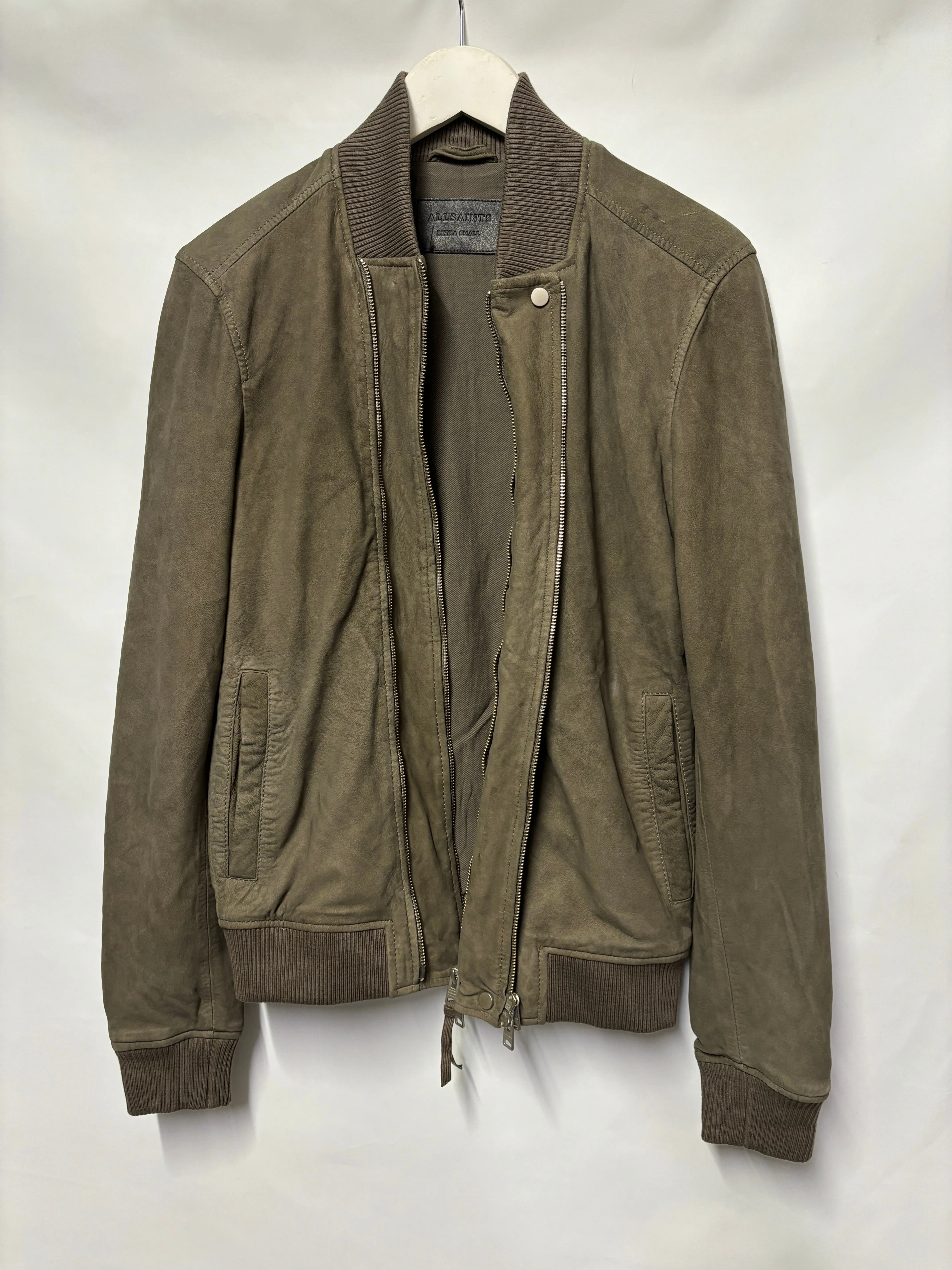 AllSaints Grey Taupe Suede Double Zip Bomber Jacket XS
