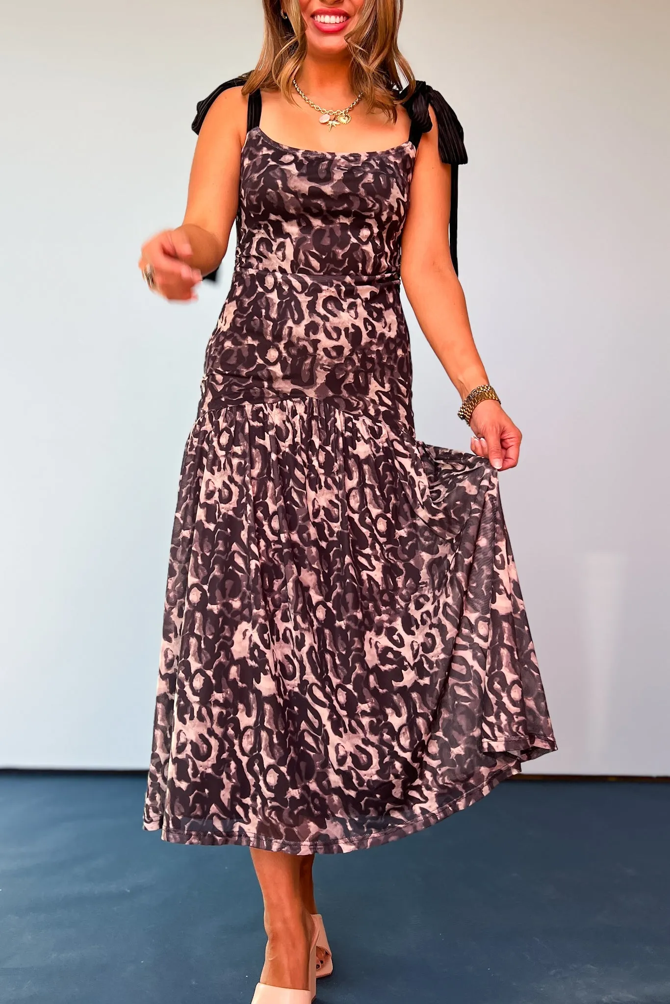 Black Animal Print Mesh Shoulder Tie Maxi Dress
