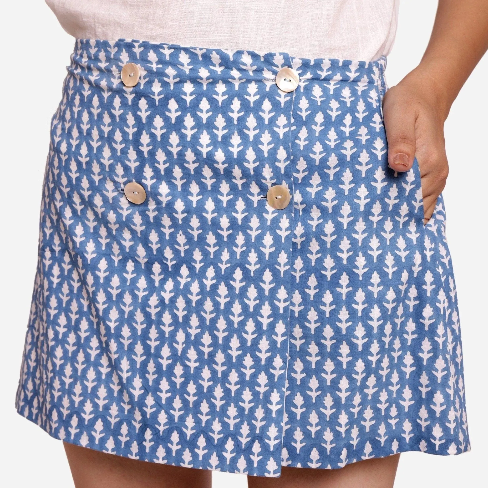 Blue Block Printed Cotton Wrap Mini Skirt