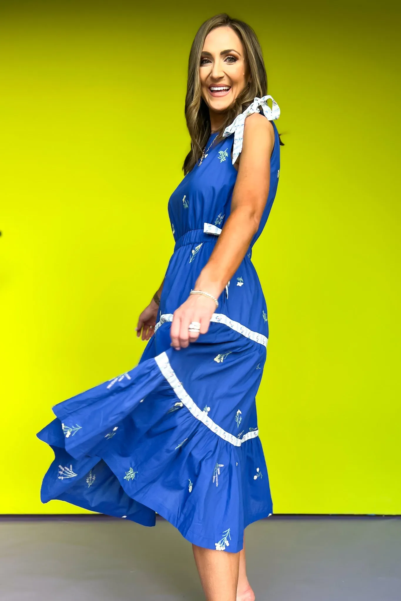 Blue Embroidered Contrast Tie Detail Midi Dress