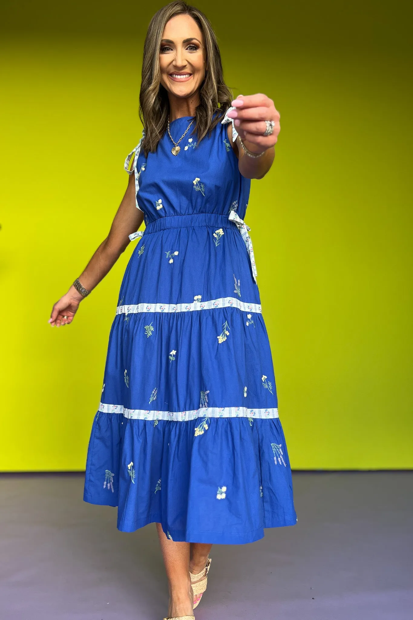 Blue Embroidered Contrast Tie Detail Midi Dress