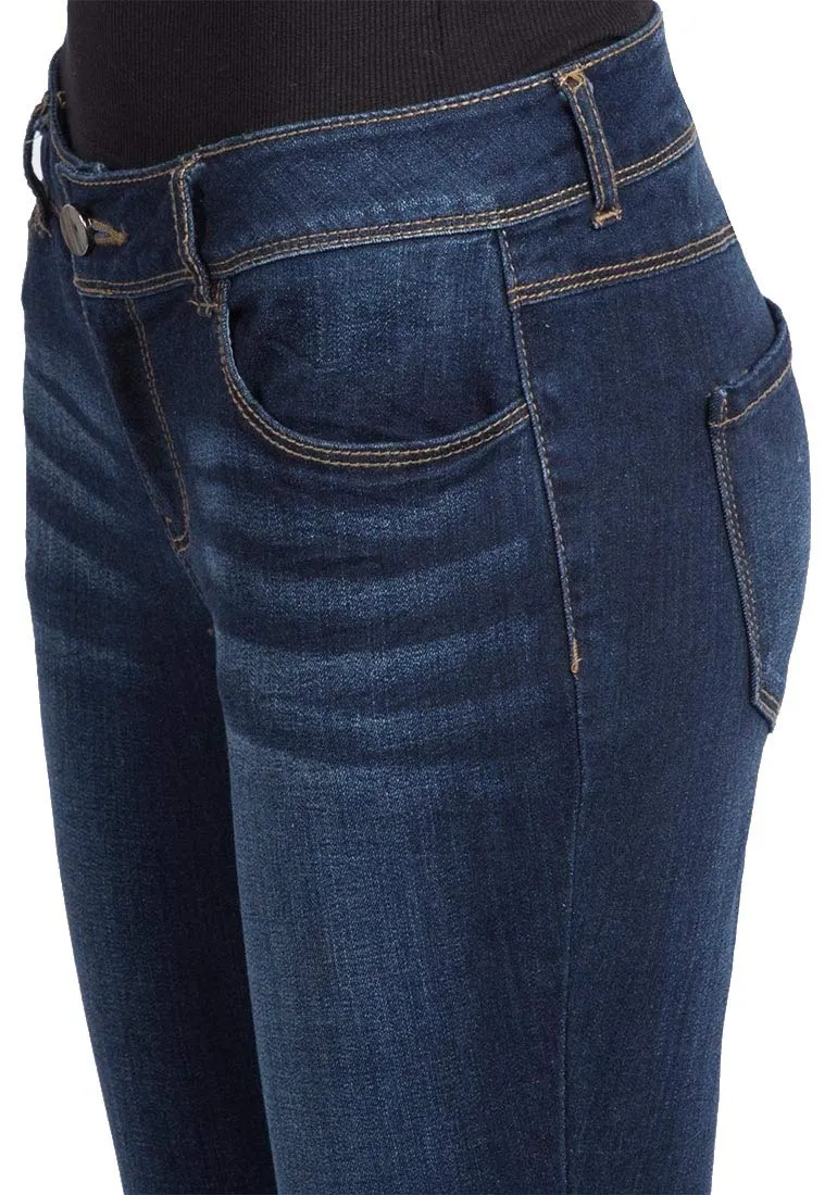 Blue Mid Rise Crinkle Effect Stretchy Bootcut Denim Jeans