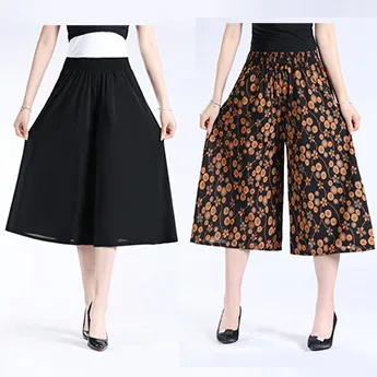 BUY 2 GET 10% OFFWomen's High Elastic Waist Pleated Chiffon Wide Leg Culottes