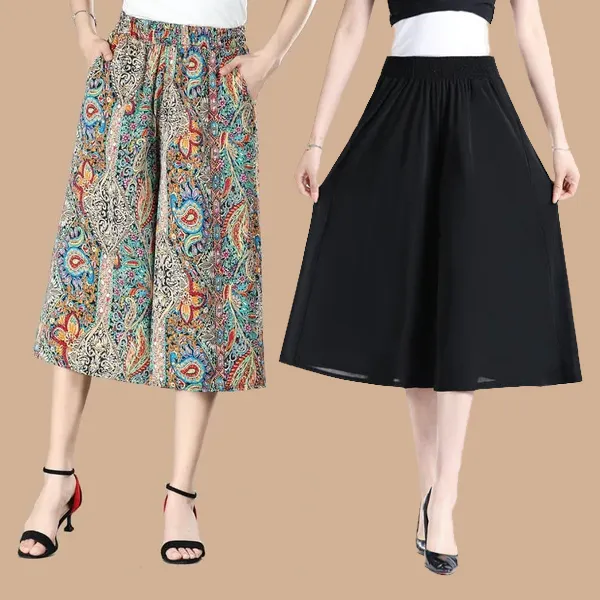 BUY 2 GET 10% OFFWomen's High Elastic Waist Pleated Chiffon Wide Leg Culottes
