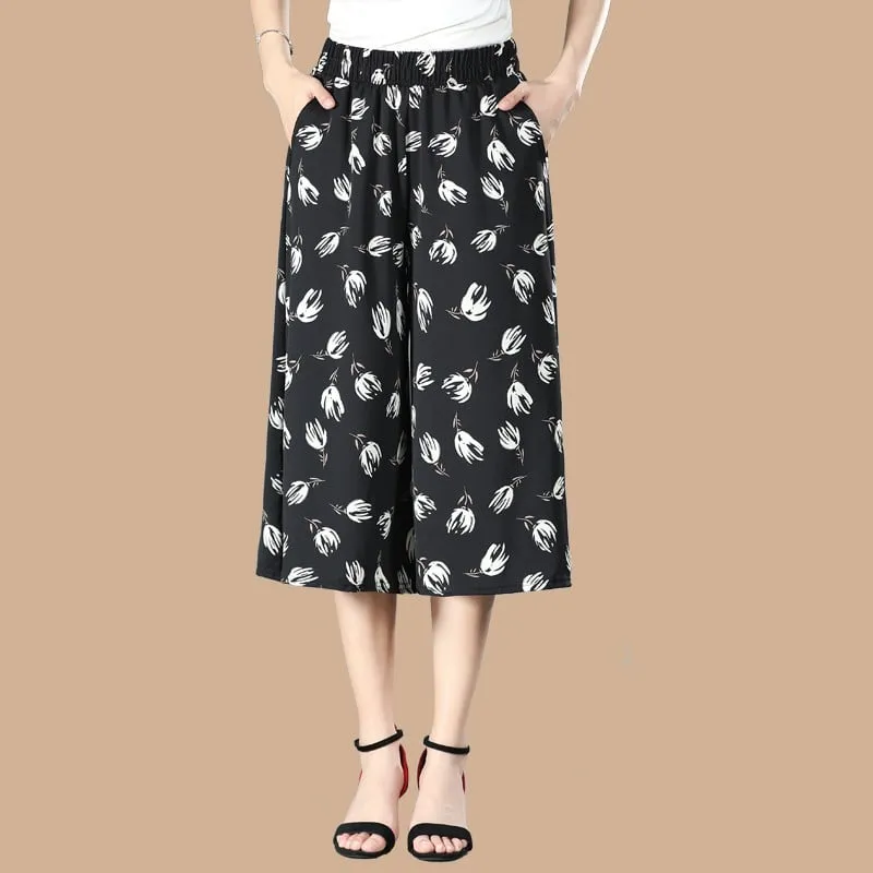 BUY 2 GET 10% OFFWomen's High Elastic Waist Pleated Chiffon Wide Leg Culottes