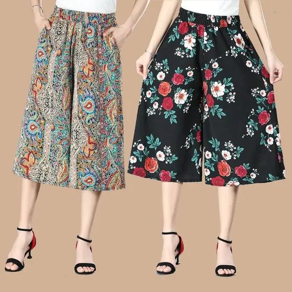 BUY 2 GET 10% OFFWomen's High Elastic Waist Pleated Chiffon Wide Leg Culottes