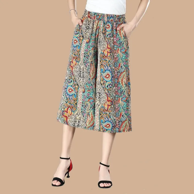 BUY 2 GET 10% OFFWomen's High Elastic Waist Pleated Chiffon Wide Leg Culottes
