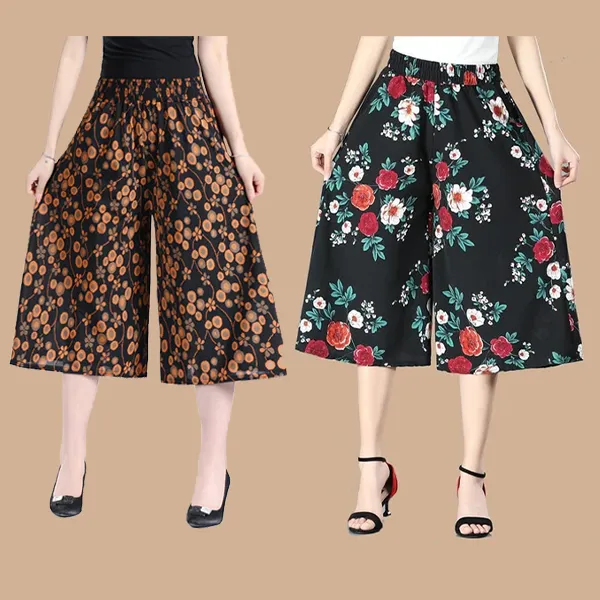 BUY 2 GET 10% OFFWomen's High Elastic Waist Pleated Chiffon Wide Leg Culottes