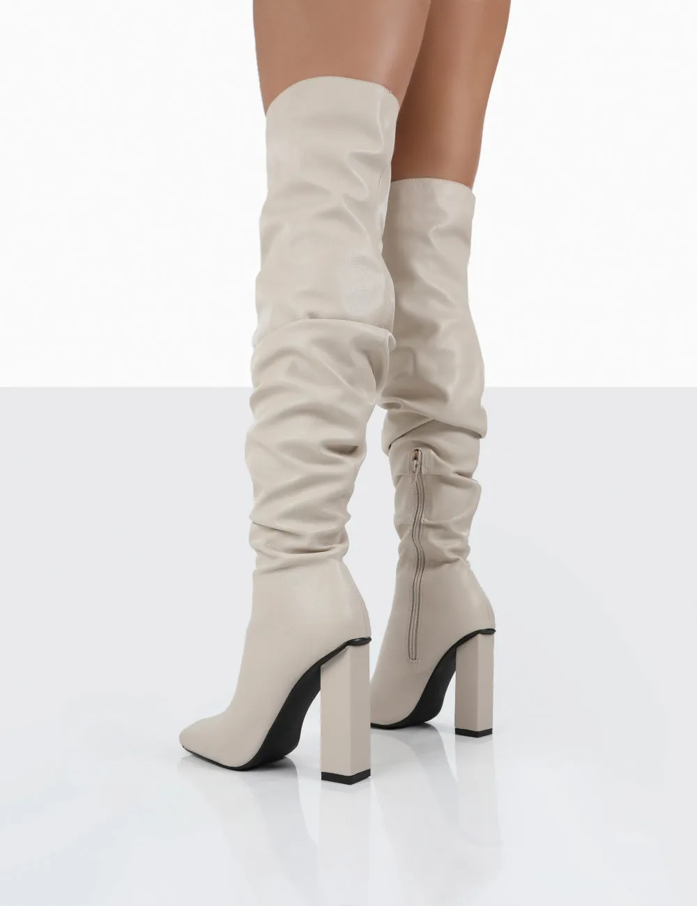 Cassia Ecru Square Toe Block Heel Over The Knee Boots