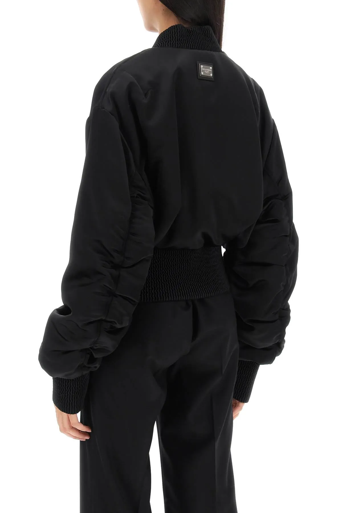 charmeuse bomber jacket with draped sleeves
