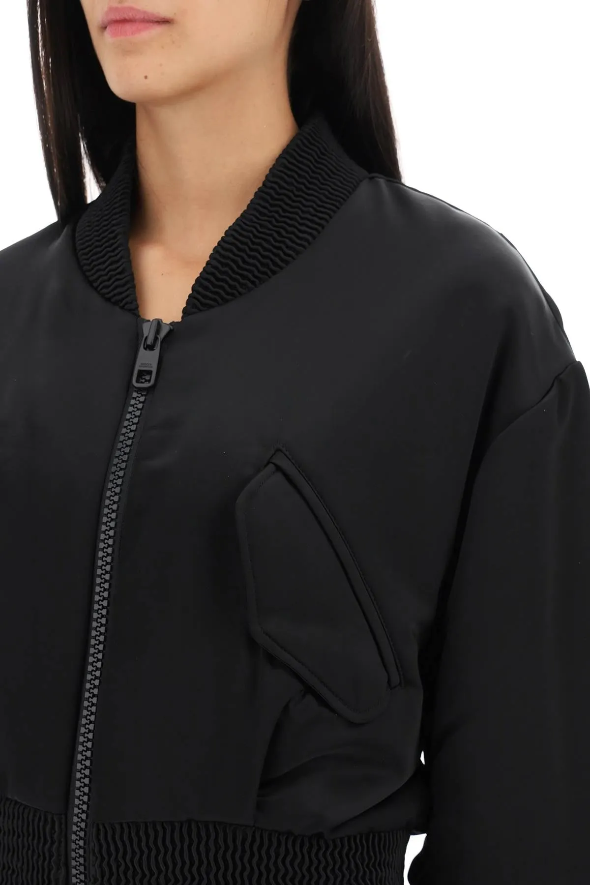 charmeuse bomber jacket with draped sleeves