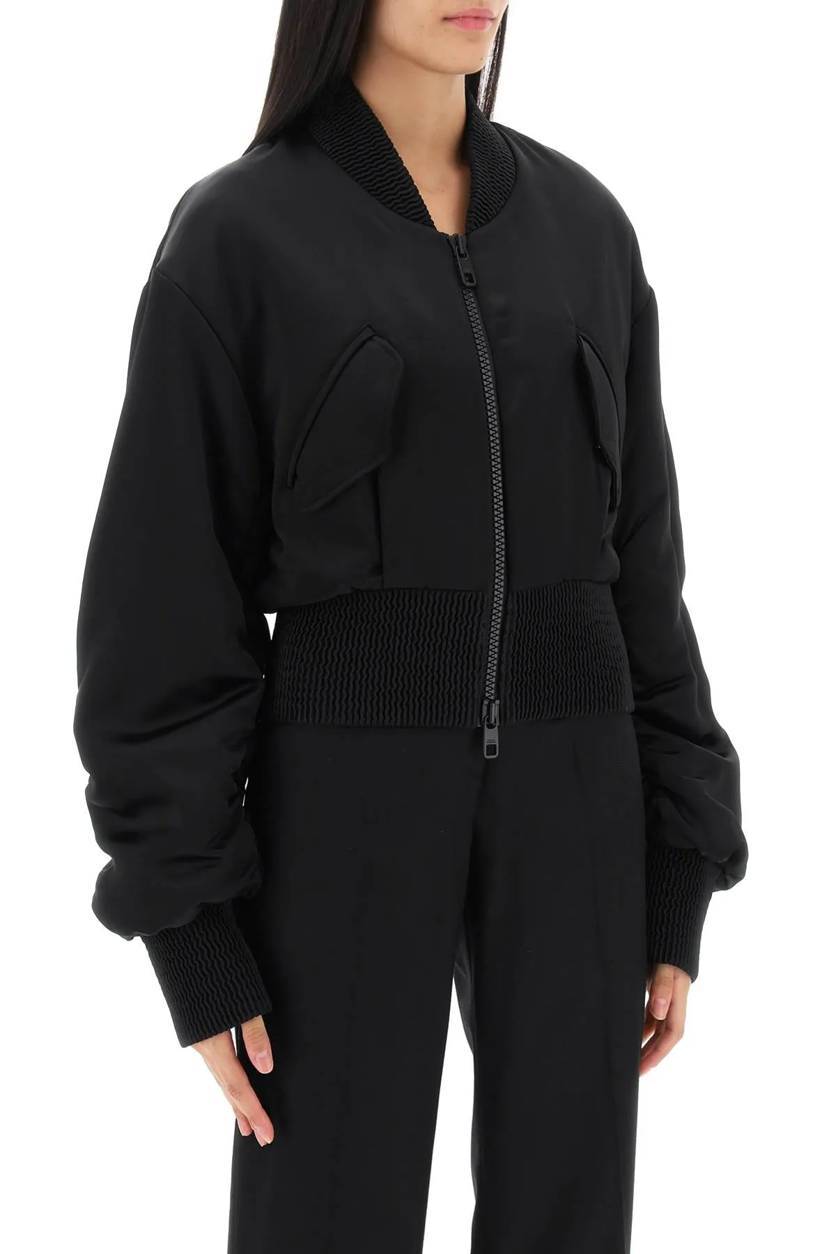 charmeuse bomber jacket with draped sleeves