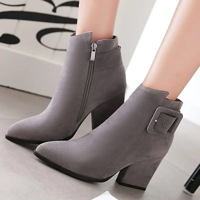 Chunky Heel Suede Buckle Pointed Toe Ankle Boots