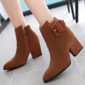 Chunky Heel Suede Buckle Pointed Toe Ankle Boots