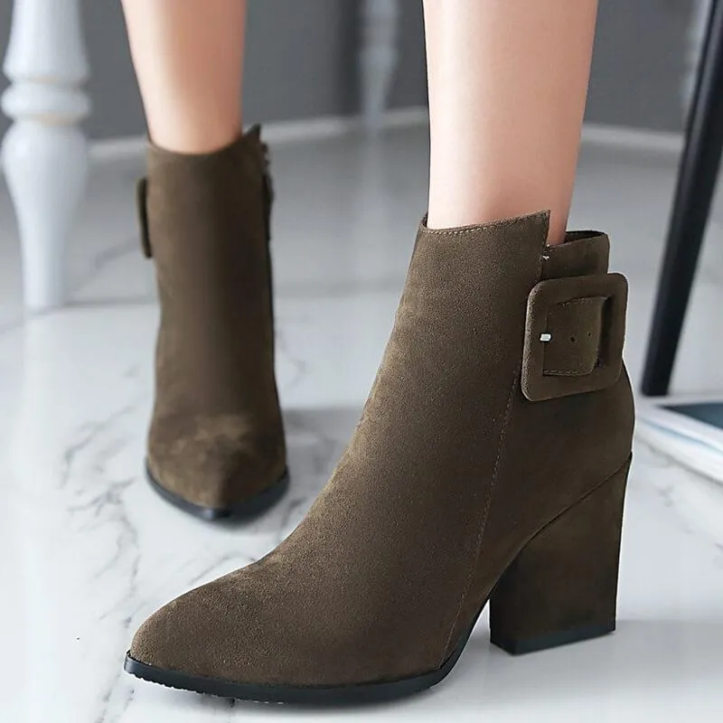 Chunky Heel Suede Buckle Pointed Toe Ankle Boots