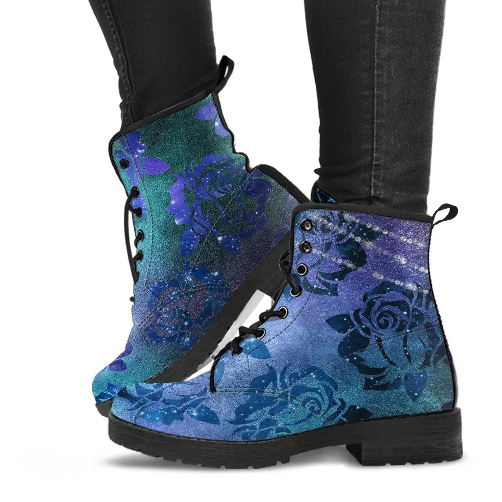 Combat Boots - Blue Green Boots with Roses | Custom Shoes, Vegan Shoes, 90s Boots, 2000s Boots, Hippie Boots, Women's Boots