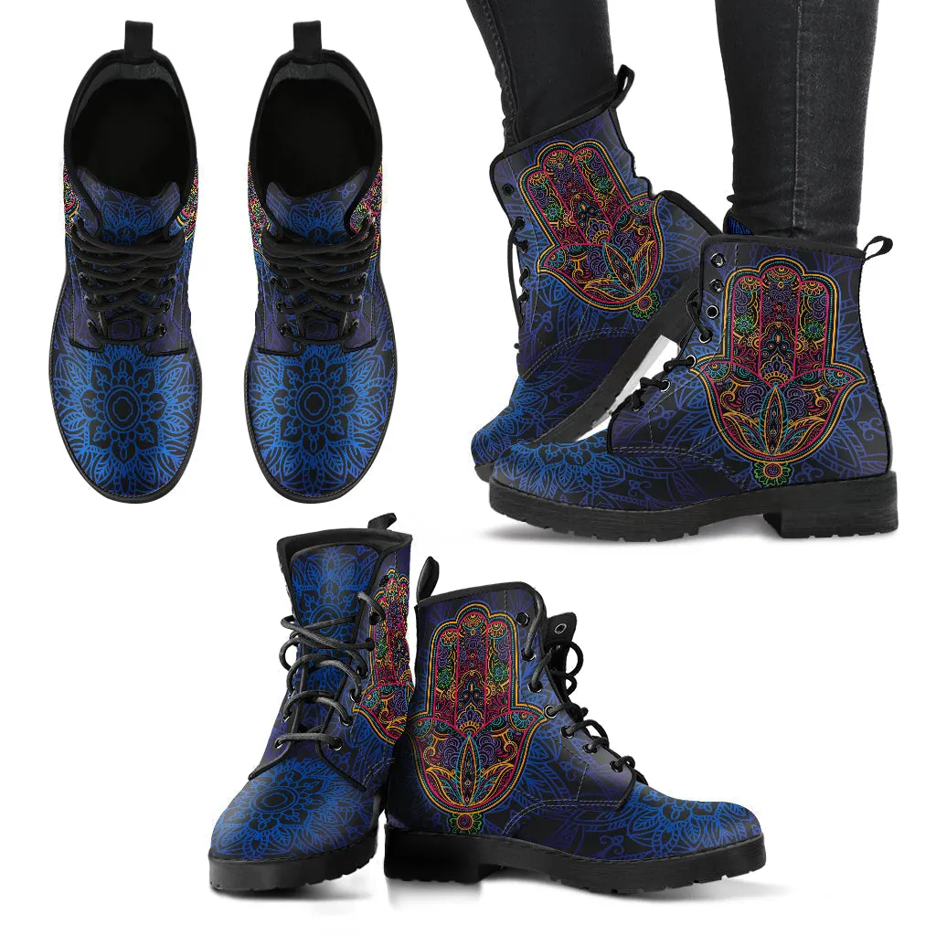 Combat Boots for Women - Hamsa Hand 3, Cute Aesthetic Custom Shoes, 2000s Winter Boots, Vegan Leather