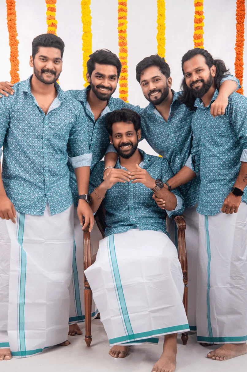 Cyan Blue Printed - Group Shirt and Matching Dhoti