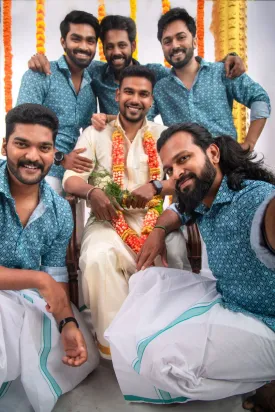 Cyan Blue Printed - Group Shirt and Matching Dhoti