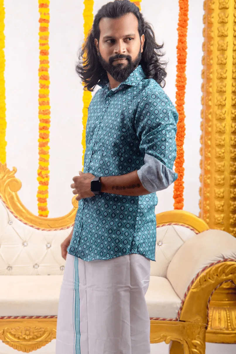 Cyan Blue Printed - Group Shirt and Matching Dhoti