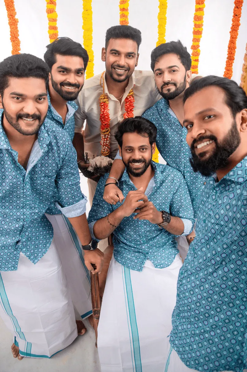 Cyan Blue Printed - Group Shirt and Matching Dhoti