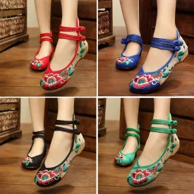 Embroidered Shoes Flat Heel Shoes Chinese Shallow Mouth Hibiscus Flowers Cloth Shoes Casual Flat Loafer Shoes Women Work Shoes