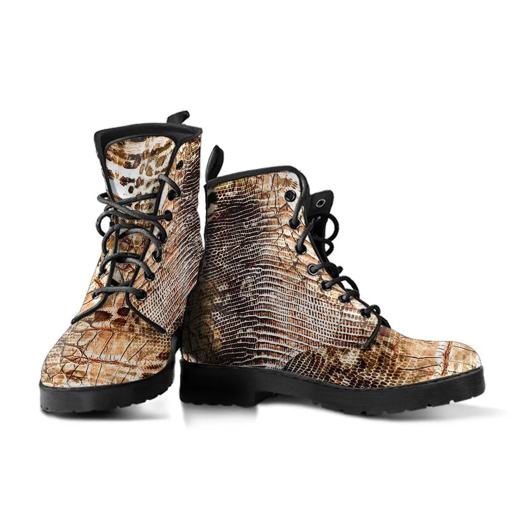 Fashion Combat Boots - Vintage Look Distressed Snake Skin Print #103 | Vegan Leather Snake Boots, Custom Shoes Women, Women's Boots, Unisex
