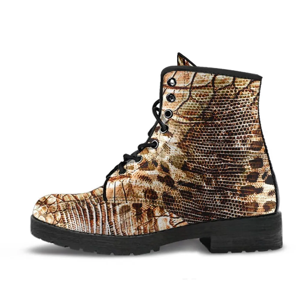 Fashion Combat Boots - Vintage Look Distressed Snake Skin Print #103 | Vegan Leather Snake Boots, Custom Shoes Women, Women's Boots, Unisex