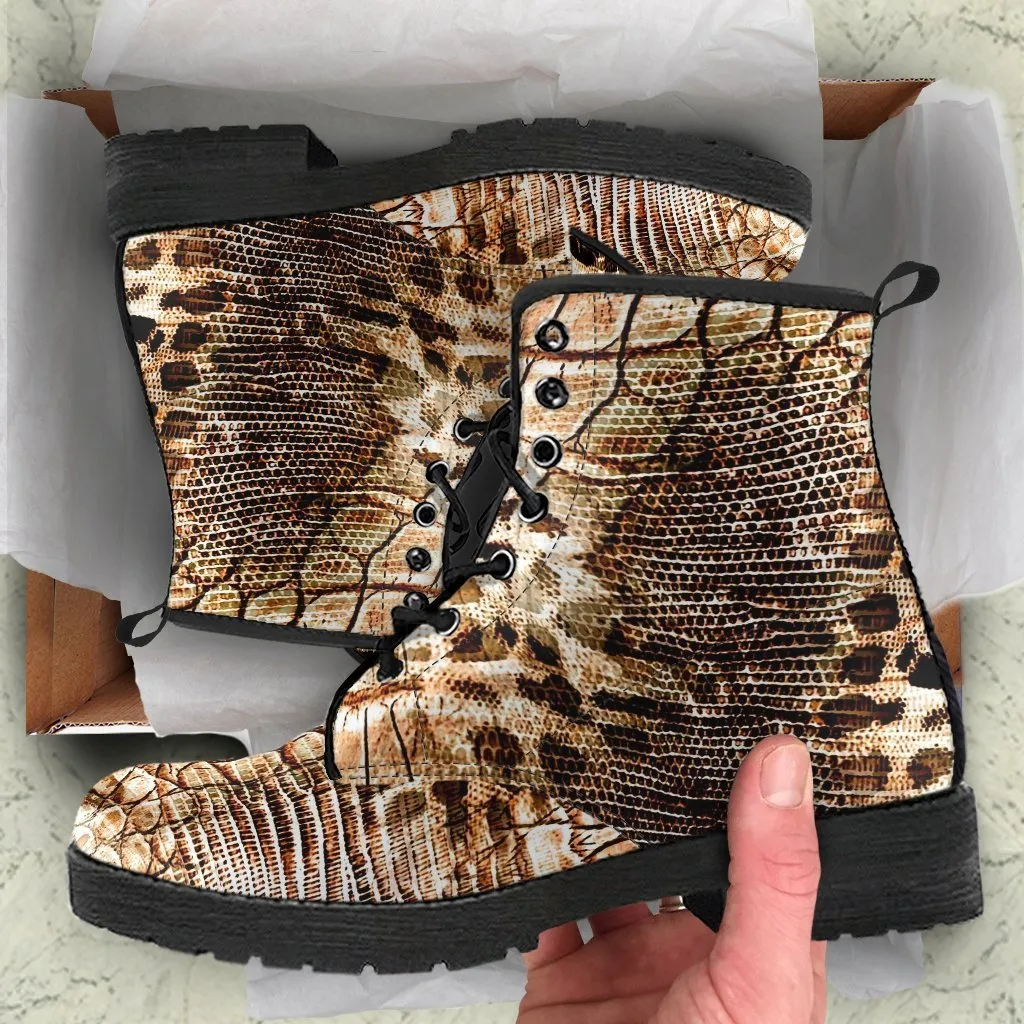 Fashion Combat Boots - Vintage Look Distressed Snake Skin Print #103 | Vegan Leather Snake Boots, Custom Shoes Women, Women's Boots, Unisex