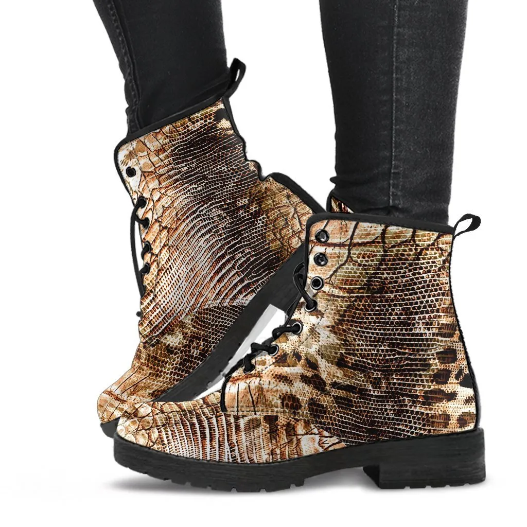 Fashion Combat Boots - Vintage Look Distressed Snake Skin Print #103 | Vegan Leather Snake Boots, Custom Shoes Women, Women's Boots, Unisex