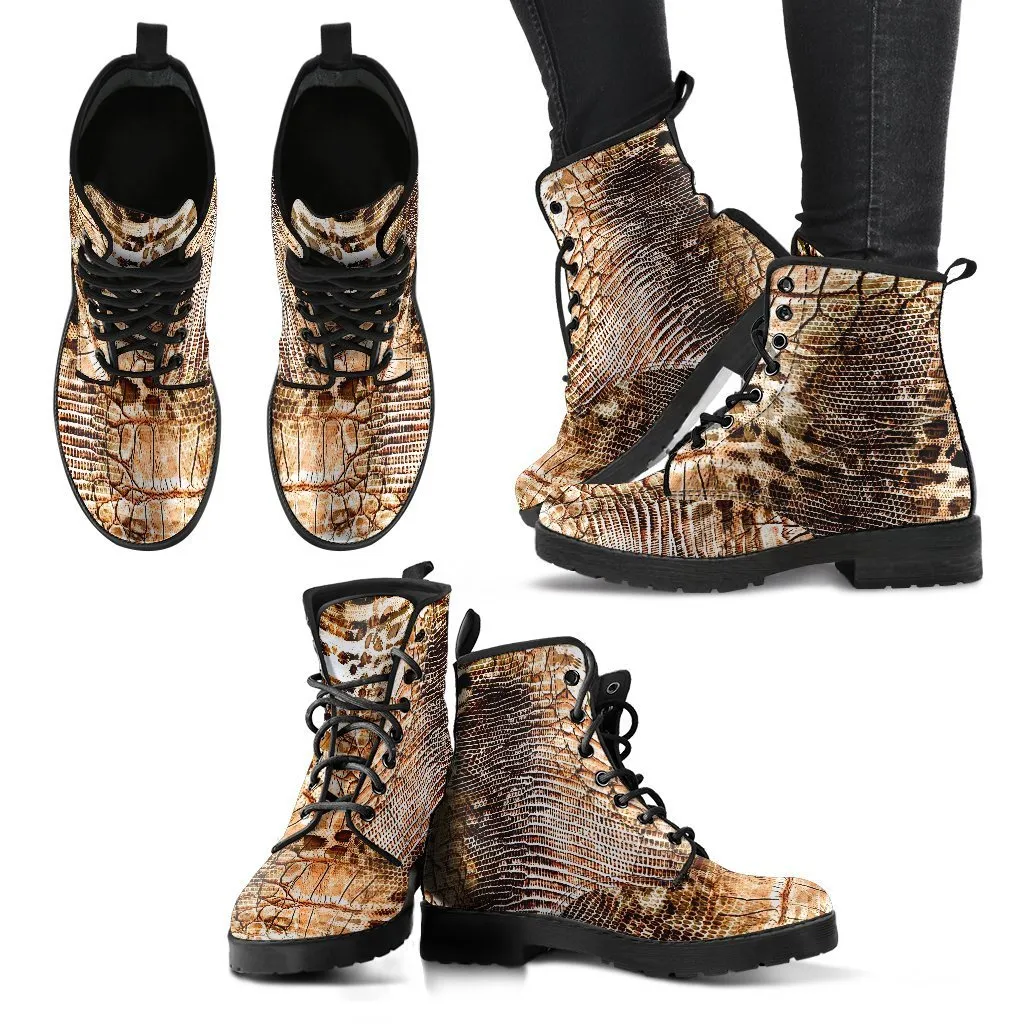 Fashion Combat Boots - Vintage Look Distressed Snake Skin Print #103 | Vegan Leather Snake Boots, Custom Shoes Women, Women's Boots, Unisex