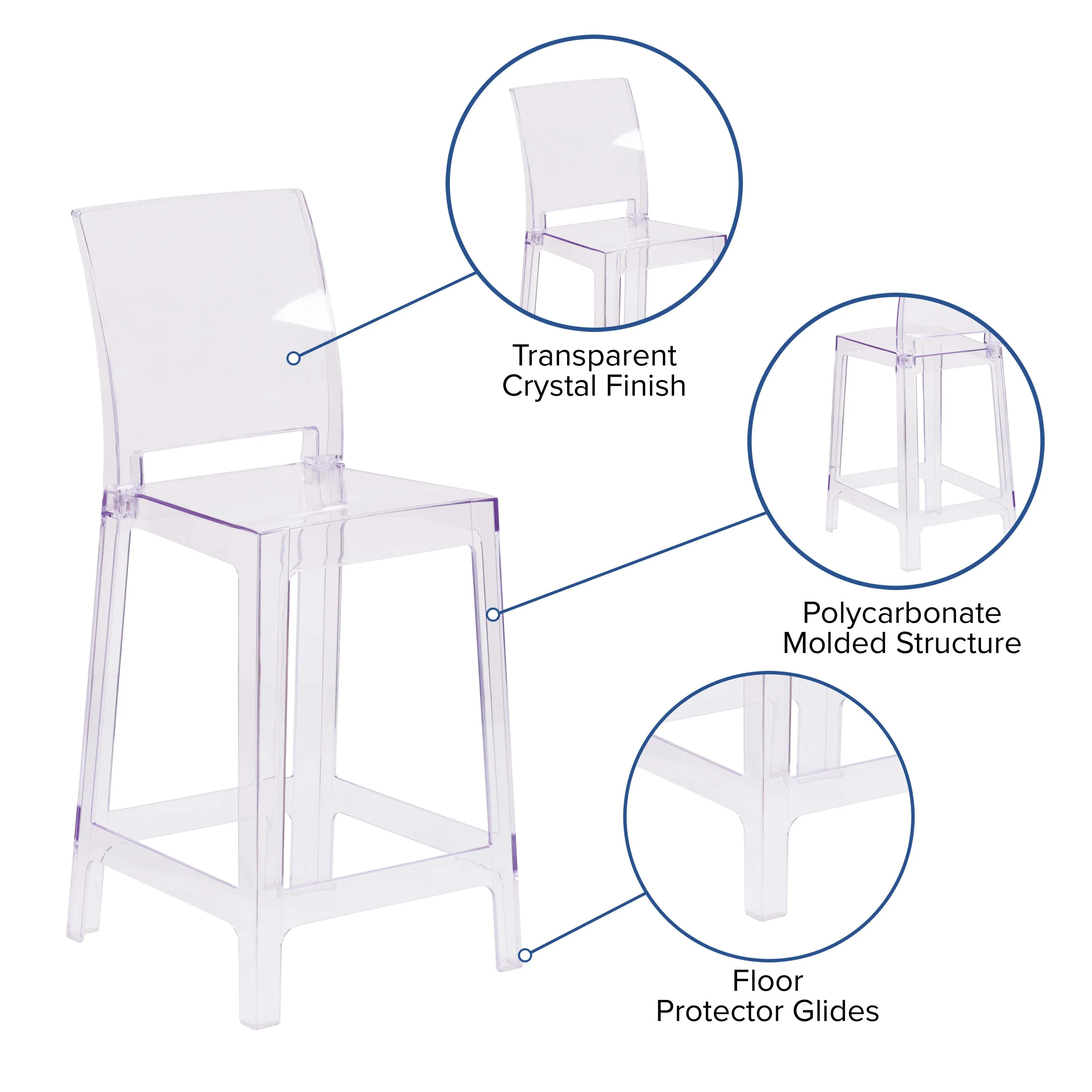 Ghost Counter Stool in Transparent Crystal with Square Back
