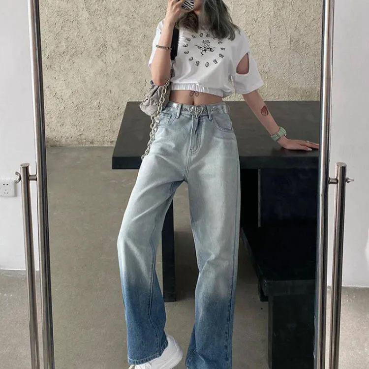 High Waist Long Blue Gradient Jeans Pants