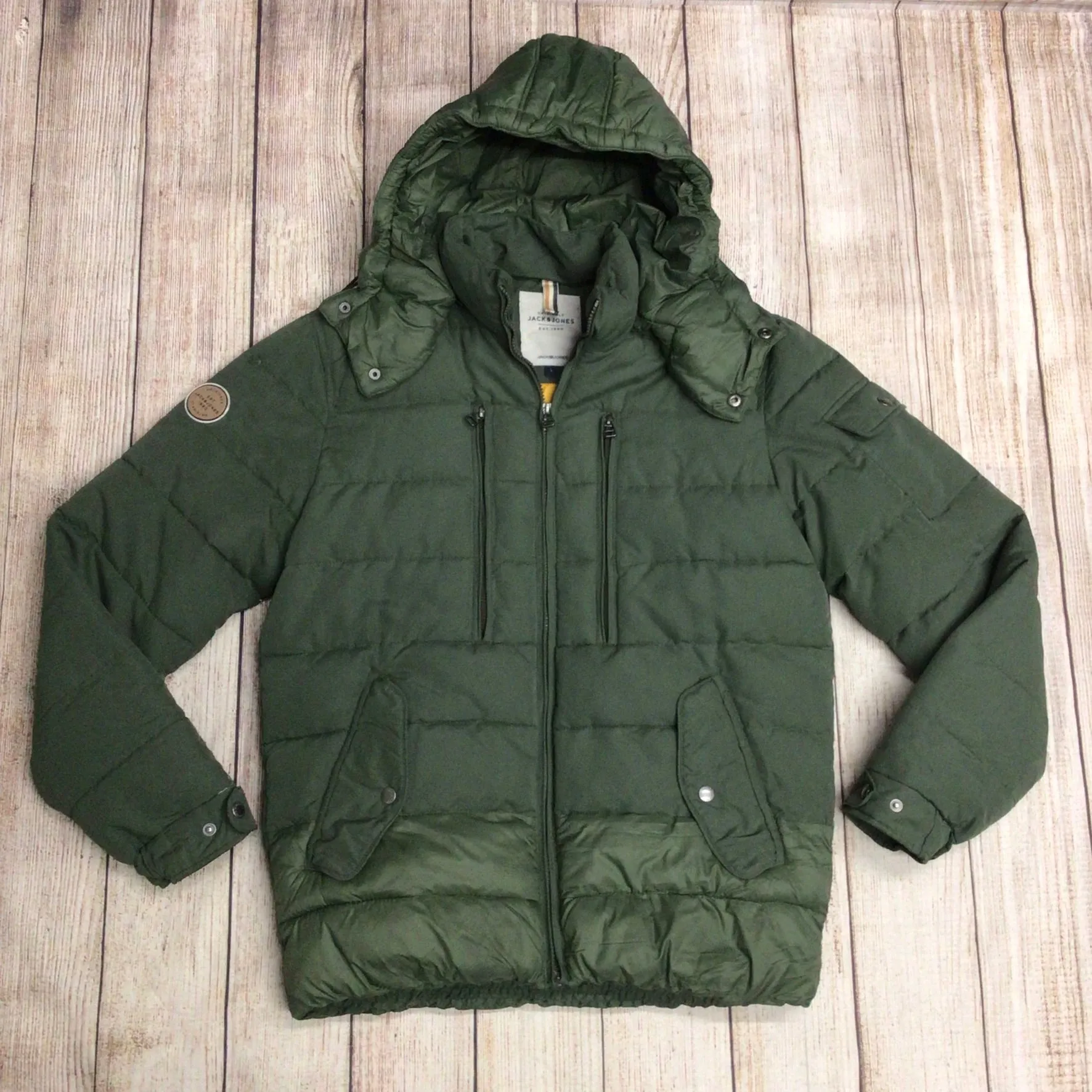 Jack & Jones Green Jorlite Short Puffer Jacket w/Removable Hood Size L