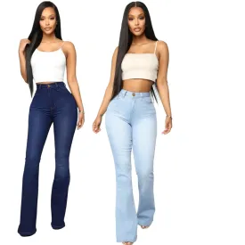 Ladies Blue High Waist Stretchy Flare Hem Bootcut Leg Denim Trouser Womens Jeans