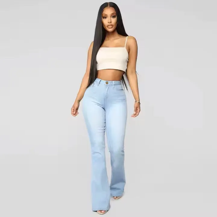 Ladies Blue High Waist Stretchy Flare Hem Bootcut Leg Denim Trouser Womens Jeans
