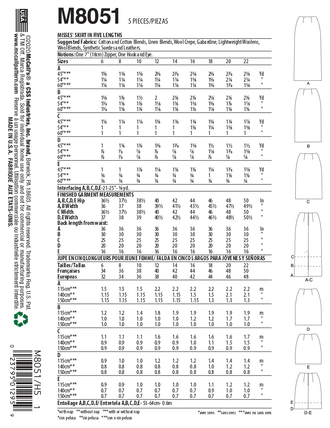 McCall's pattern 8051 Pencil Skirts In Five Lengths