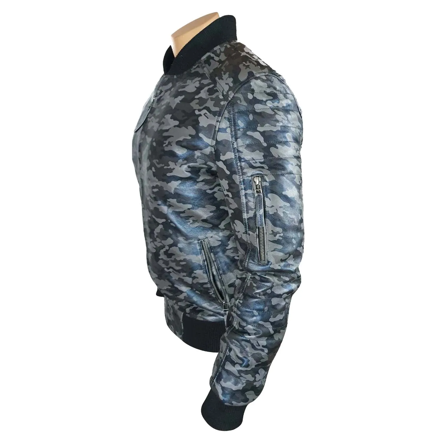 Men's Bomber Military Print Grey Camouflage Leather Jacket