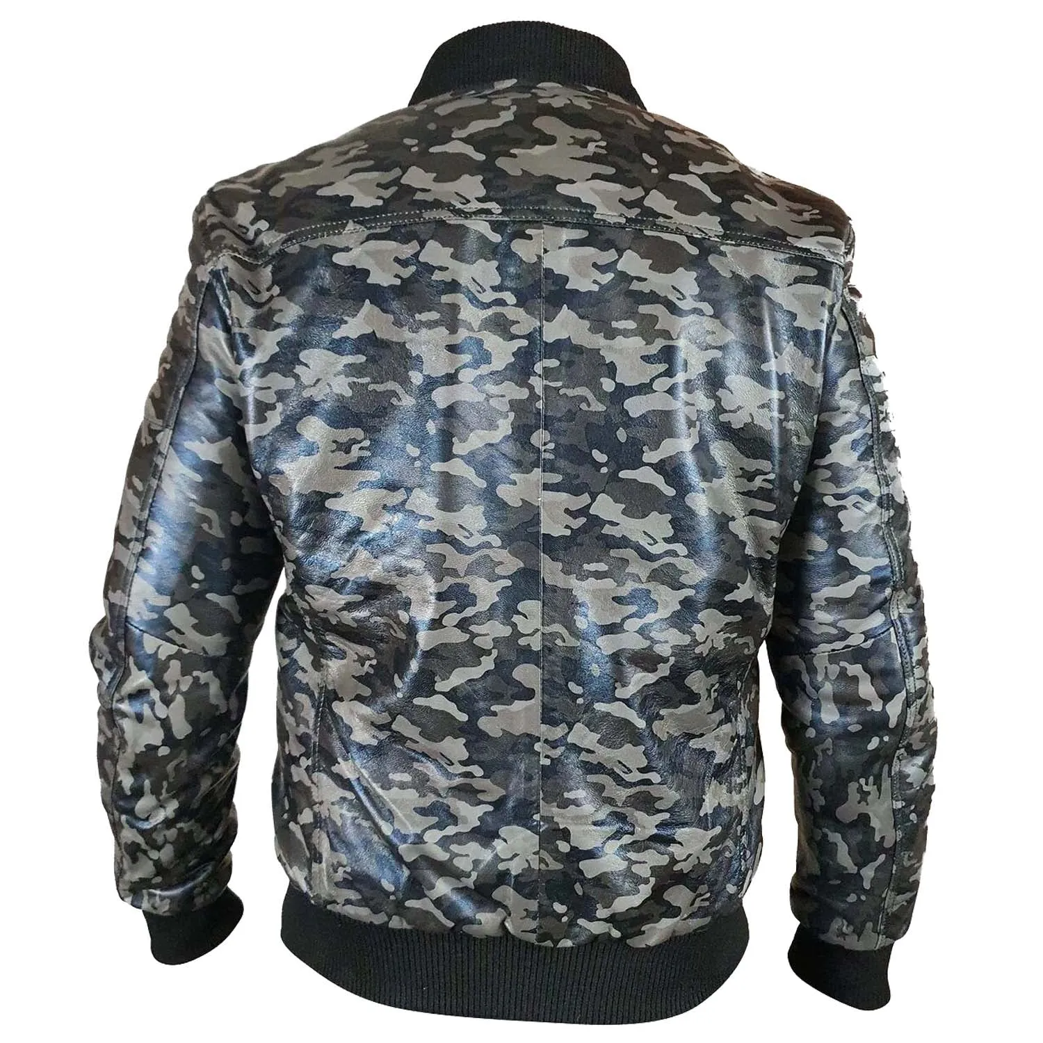 Men's Bomber Military Print Grey Camouflage Leather Jacket