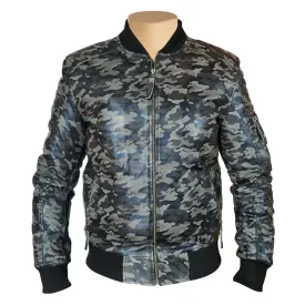 Men's Bomber Military Print Grey Camouflage Leather Jacket