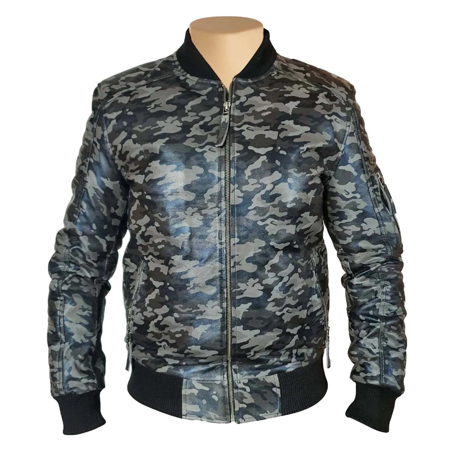 Men's Bomber Military Print Grey Camouflage Leather Jacket