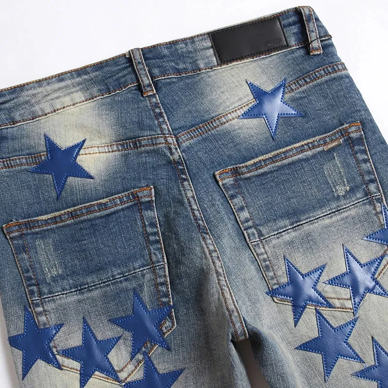 Men’s High Street Blue Star Embroidered Jeans – Slim Fit Denim Pants, Stylish Autumn Fashion for Vaqueros Hombre
