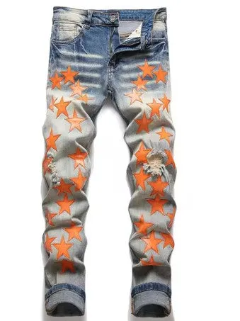 Men’s High Street Blue Star Embroidered Jeans – Slim Fit Denim Pants, Stylish Autumn Fashion for Vaqueros Hombre