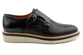 Nuh Top Grain Leather Double Monk Strap Dress Sneakers, Perforated Design, Smart Casual Dress Code Sneakers for Men, In Black