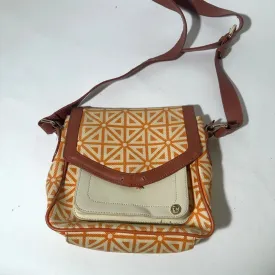 Orange and Cream Geometric Crossbody Bag with Flap Closure
